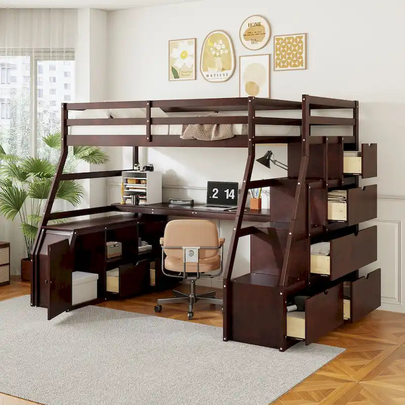 Merax Twin Size Loft Bed with with 7 Drawers 2 Shelves and Desk