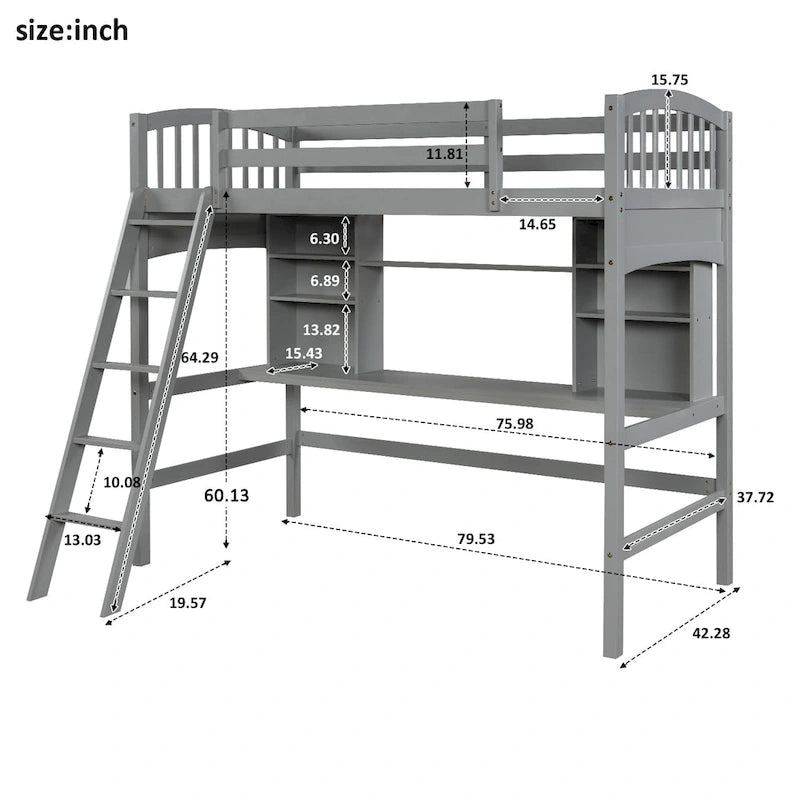 Twin size Loft Bed with Storage Shelves