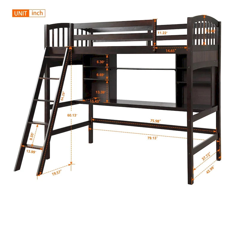 Twin size Loft Bed with Storage Shelves