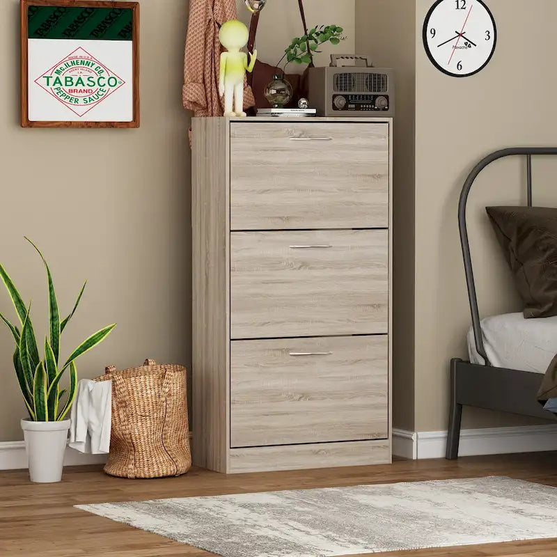 Timechee Grey Entryway Shoe Spcase Saving Cabinet with 3 Drawers