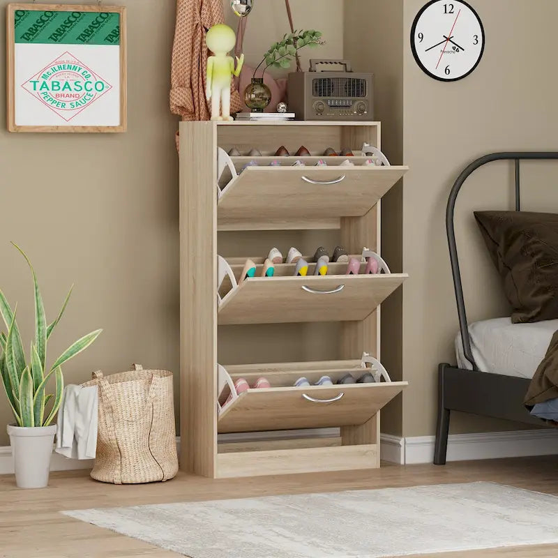 Timechee Grey Entryway Shoe Spcase Saving Cabinet with 3 Drawers