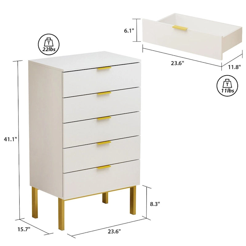 Commode à 5 tiroirs avec pieds en métal et rangement en bois