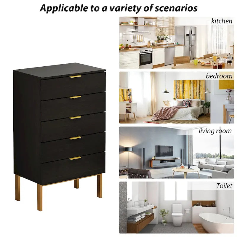 Commode à 5 tiroirs avec pieds en métal et rangement en bois