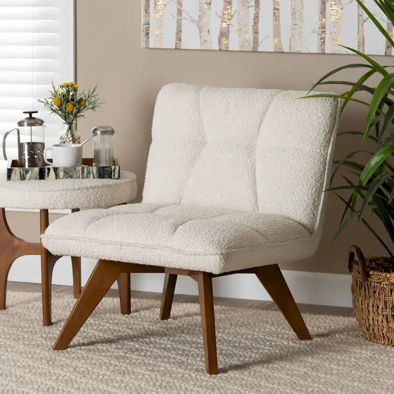 Darielle Japandi Cream Boucle Fabric and Walnut Brown Finished Rubberwood Accent Chair