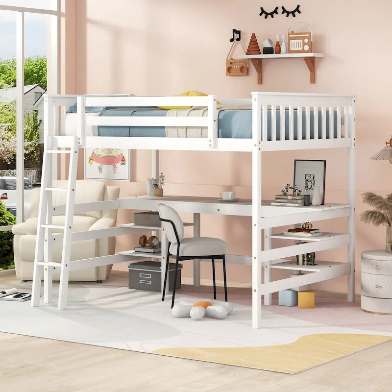 Full Size Loft Bed with Desk and Shelves Wooden Full Loft Bed