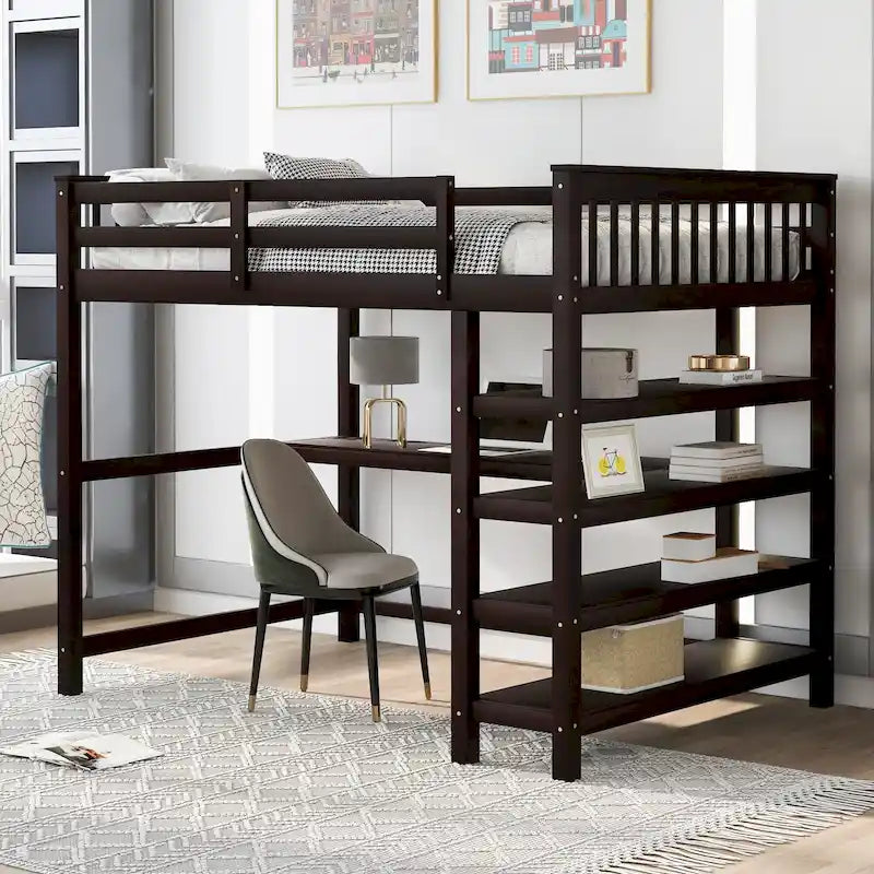 Nestfair Wooden Full Size Loft Bed with Shelves and Desk