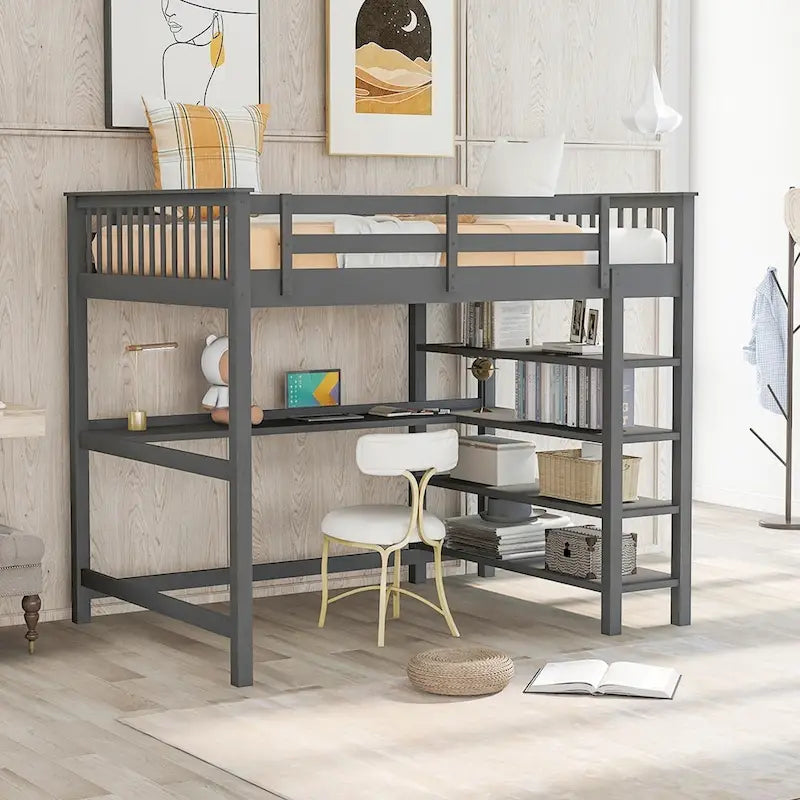 Nestfair Wooden Full Size Loft Bed with Shelves and Desk