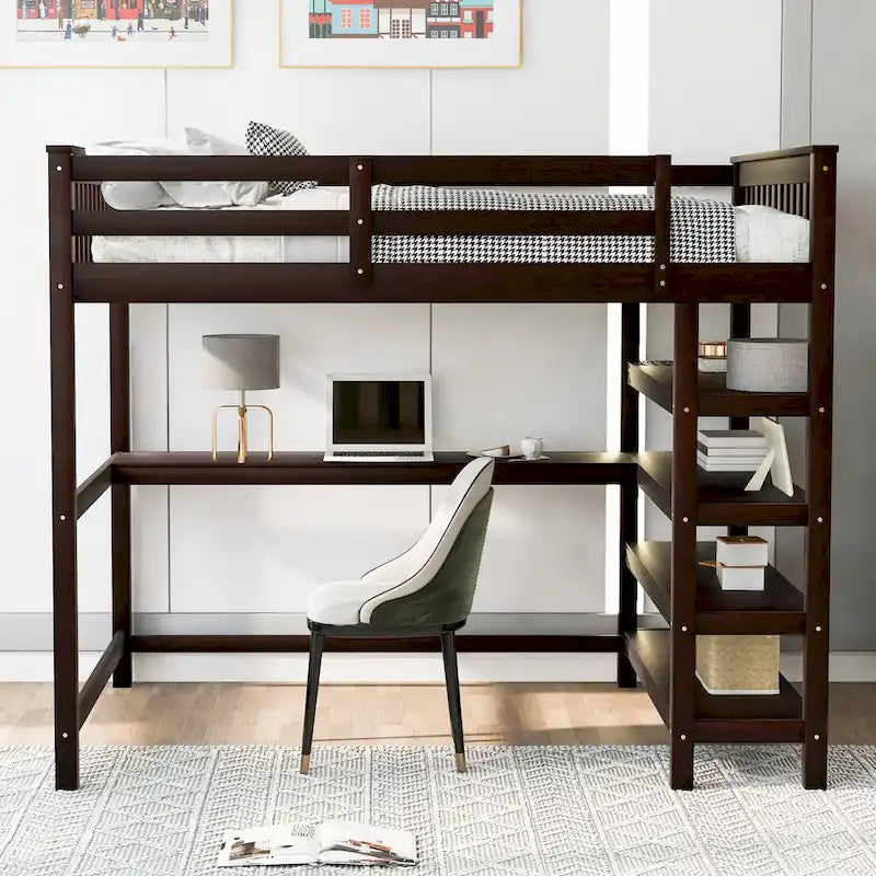 Nestfair Wooden Full Size Loft Bed with Shelves and Desk