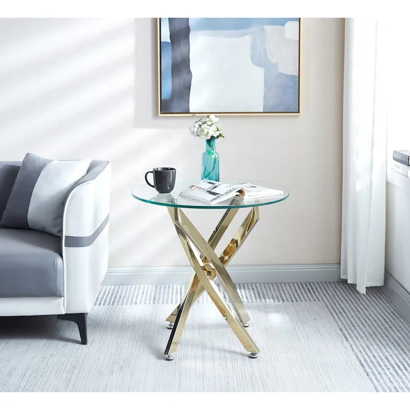 Modern Round Tempered Glass End Table with Stainless Steel Legs