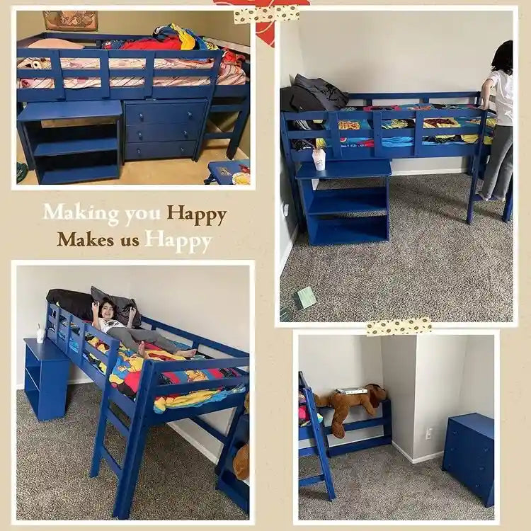 Twin Size Loft Bed with Desk Low Study Kids Twin Loft Bed with Storage Pine Wood Loft Bed for Kids Twin Loft Bed with Cabinet