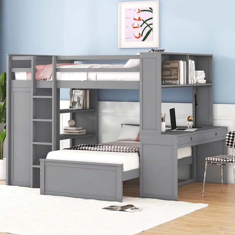 Full Size Loft Bed with Twin Size Stand-alone Bed, Desk and Wardrobe