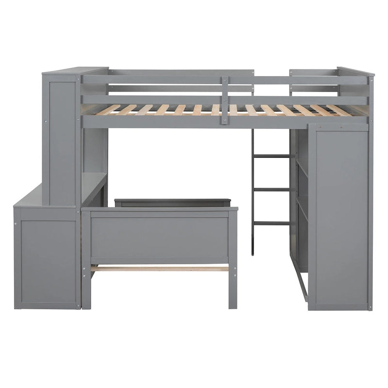 Full Size Loft Bed with Twin Size Stand-alone Bed, Desk and Wardrobe