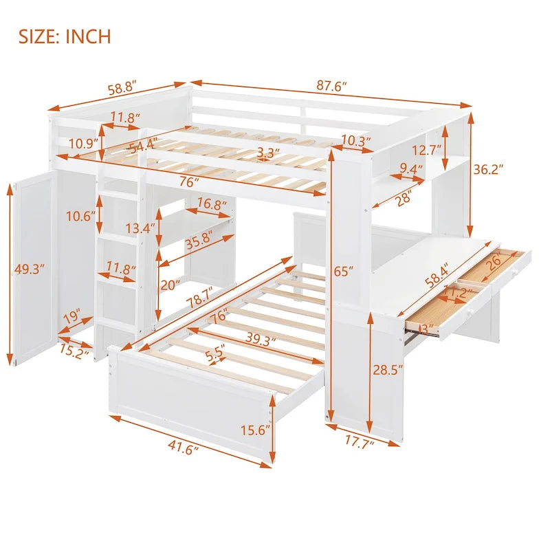 Full Size Loft Bed with Twin Size Stand-alone Bed, Desk and Wardrobe