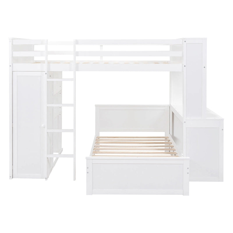 Full Size Loft Bed with Twin Size Stand-alone Bed, Desk and Wardrobe