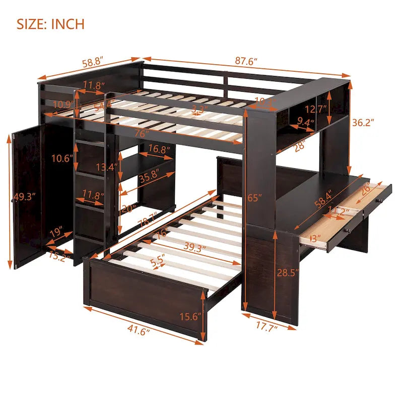 Full Size Loft Bed with Twin Size Stand-alone Bed, Desk and Wardrobe