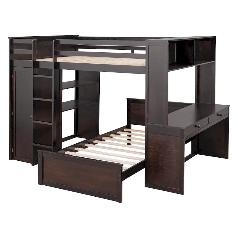Full Size Loft Bed with Twin Size Stand-alone Bed, Desk and Wardrobe
