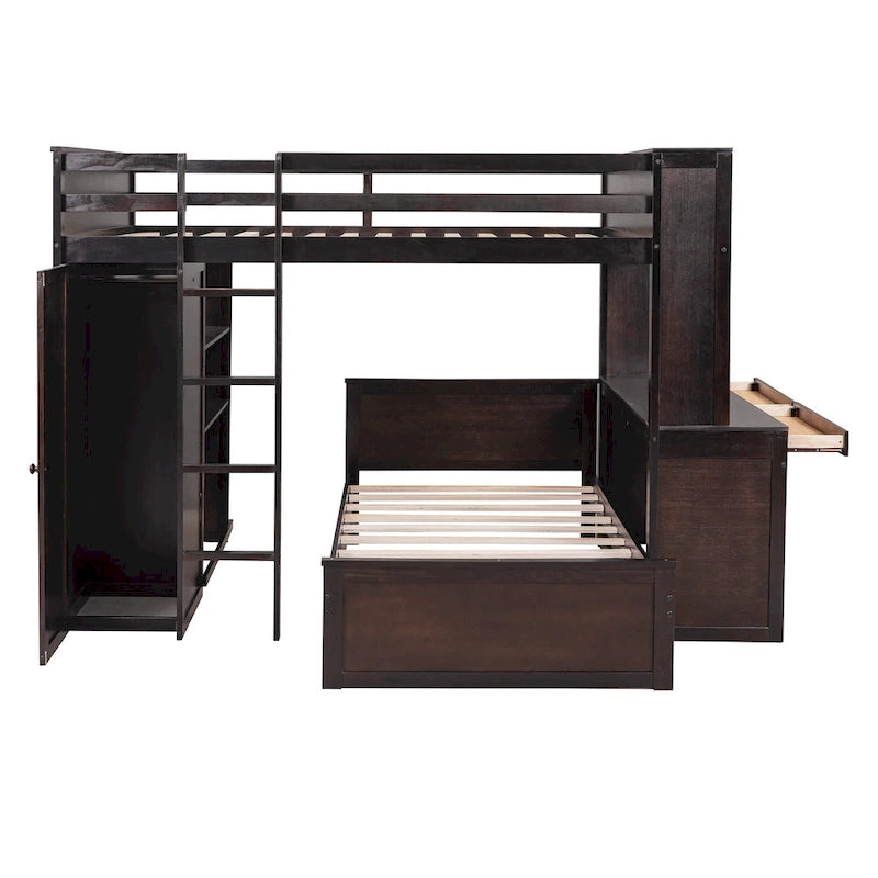 Full Size Loft Bed with Twin Size Stand-alone Bed, Desk and Wardrobe