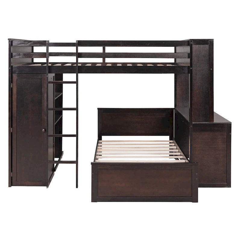 Full Size Loft Bed with Twin Size Stand-alone Bed, Desk and Wardrobe