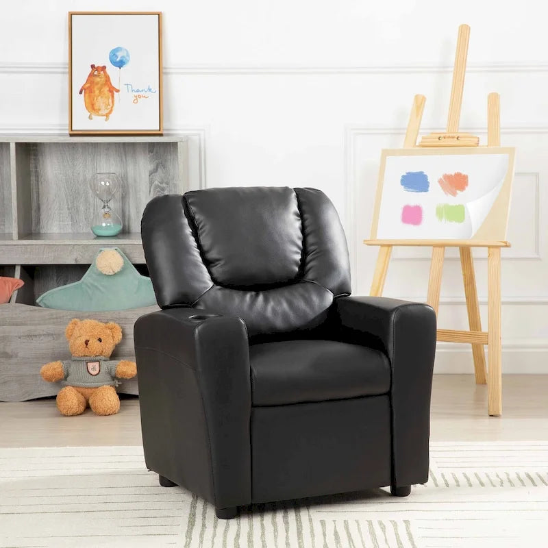 Fauteuil inclinable pour enfants en PVC avec fonction d'inclinaison par poussée, porte-gobelet et repose-pieds confortable