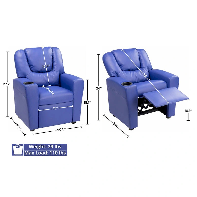 Fauteuil inclinable pour enfants en PVC avec fonction d'inclinaison par poussée, porte-gobelet et repose-pieds confortable
