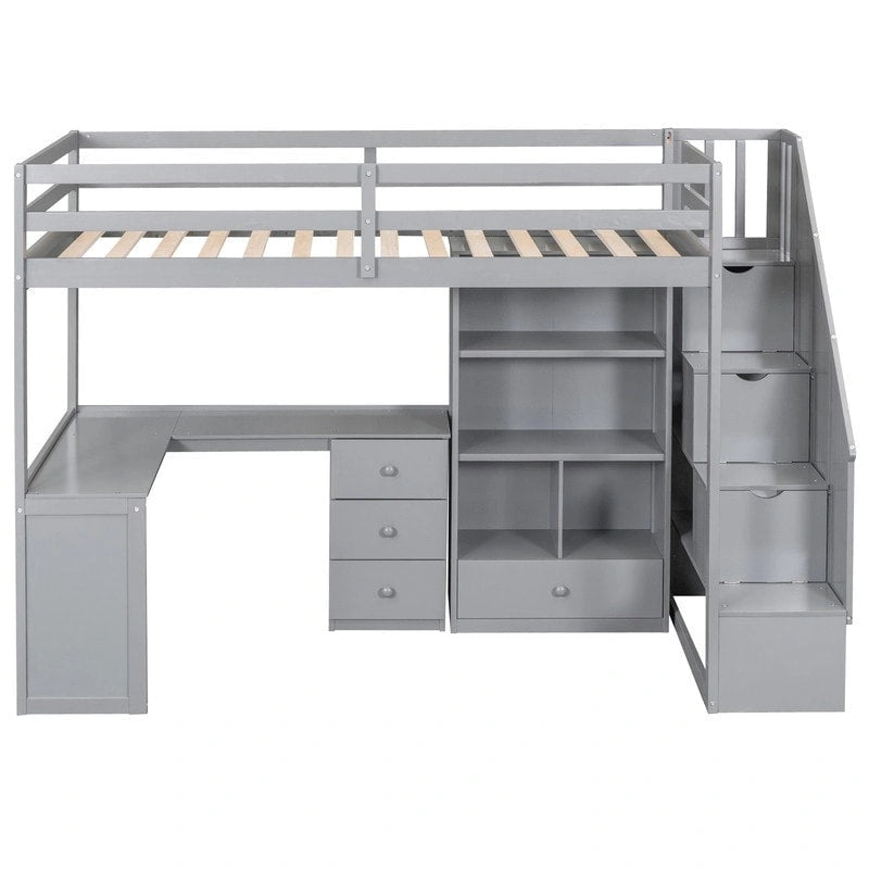 Multifunctional Wood Twin Size Loft Bed with L-Shaped Desk and Storage Staircase, Loft Bed Frame with Cabinet and Drawers