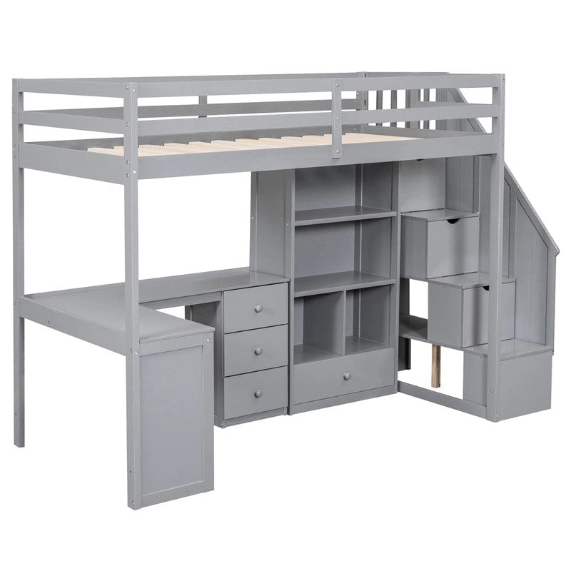 Multifunctional Wood Twin Size Loft Bed with L-Shaped Desk and Storage Staircase, Loft Bed Frame with Cabinet and Drawers