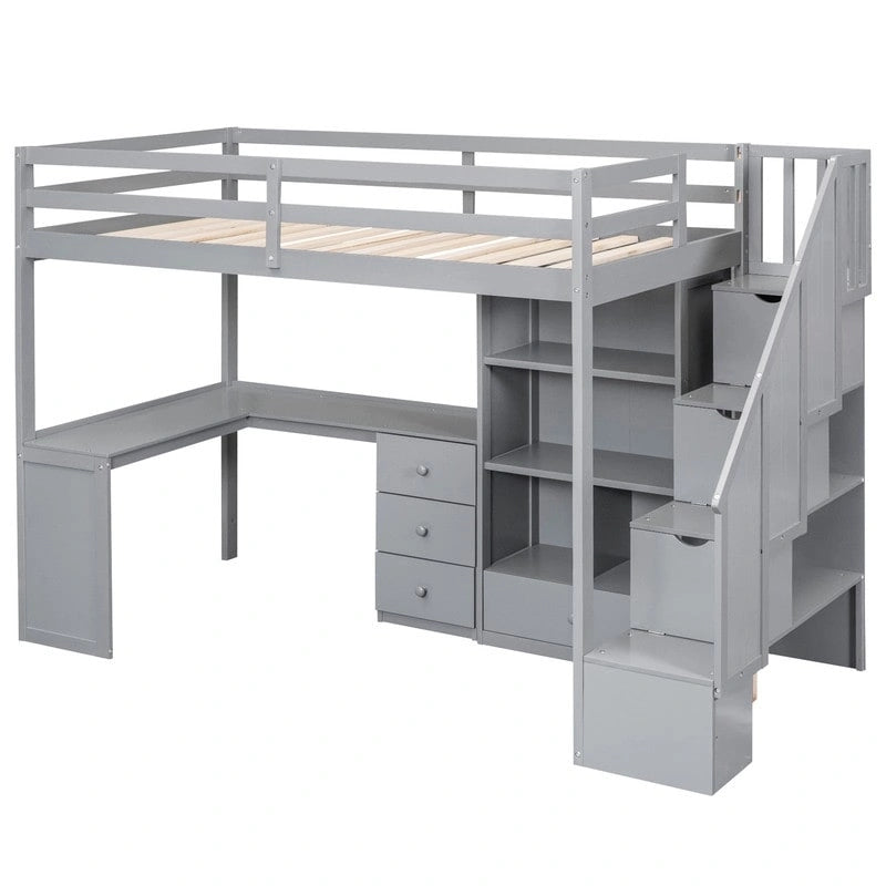Multifunctional Wood Twin Size Loft Bed with L-Shaped Desk and Storage Staircase, Loft Bed Frame with Cabinet and Drawers