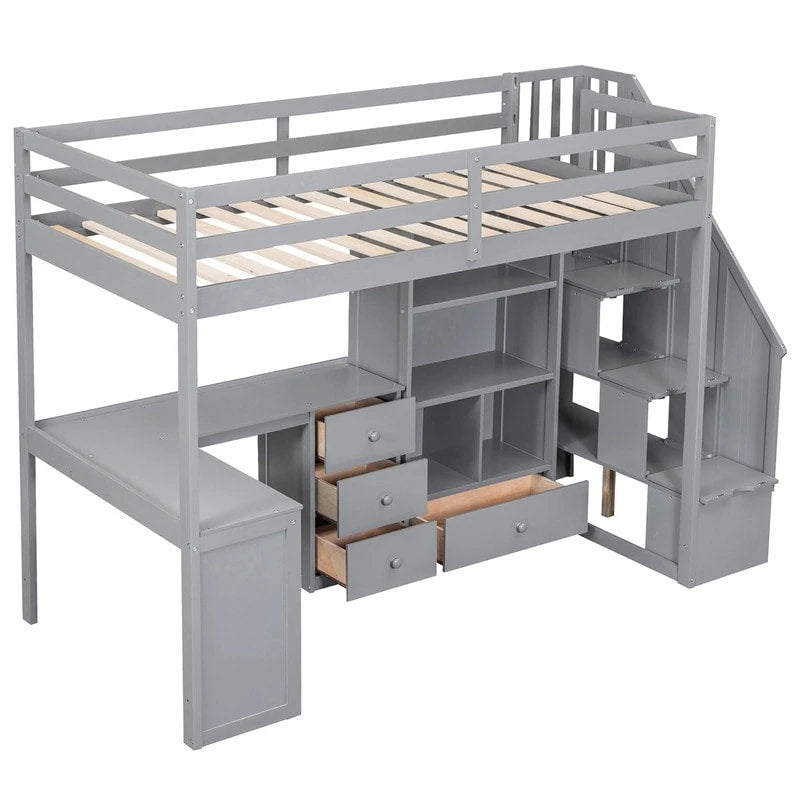 Multifunctional Wood Twin Size Loft Bed with L-Shaped Desk and Storage Staircase, Loft Bed Frame with Cabinet and Drawers
