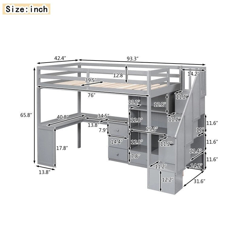 Multifunctional Wood Twin Size Loft Bed with L-Shaped Desk and Storage Staircase, Loft Bed Frame with Cabinet and Drawers