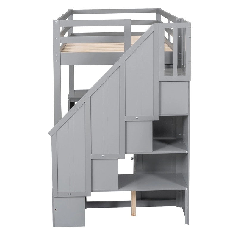 Multifunctional Wood Twin Size Loft Bed with L-Shaped Desk and Storage Staircase, Loft Bed Frame with Cabinet and Drawers