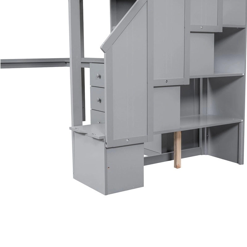 Multifunctional Wood Twin Size Loft Bed with L-Shaped Desk and Storage Staircase, Loft Bed Frame with Cabinet and Drawers