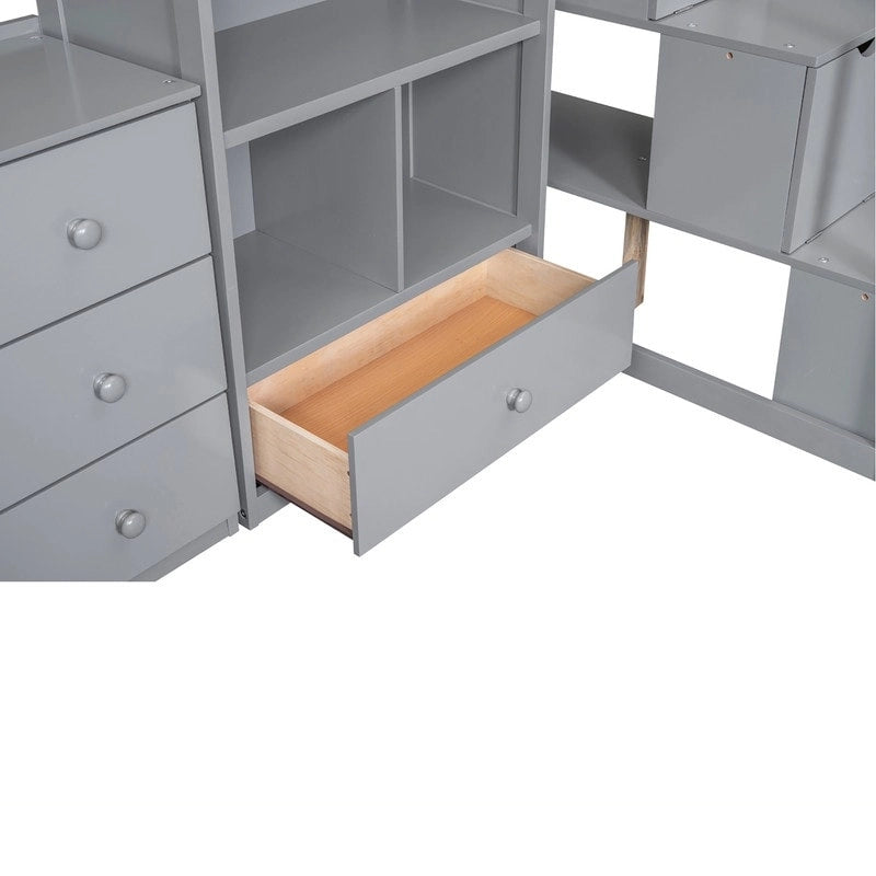 Multifunctional Wood Twin Size Loft Bed with L-Shaped Desk and Storage Staircase, Loft Bed Frame with Cabinet and Drawers