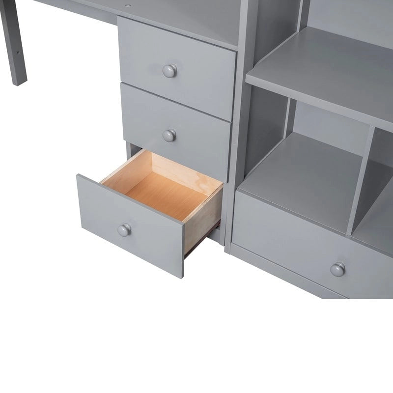 Multifunctional Wood Twin Size Loft Bed with L-Shaped Desk and Storage Staircase, Loft Bed Frame with Cabinet and Drawers