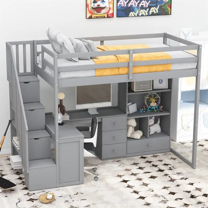 Multifunctional Wood Twin Size Loft Bed with L-Shaped Desk and Storage Staircase, Loft Bed Frame with Cabinet and Drawers