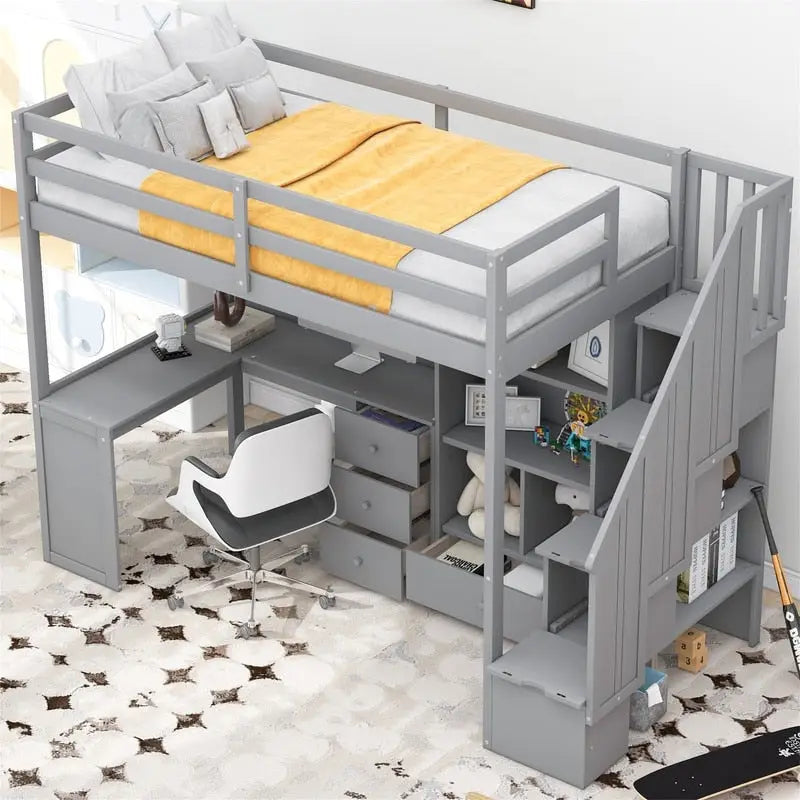 Multifunctional Wood Twin Size Loft Bed with L-Shaped Desk and Storage Staircase, Loft Bed Frame with Cabinet and Drawers
