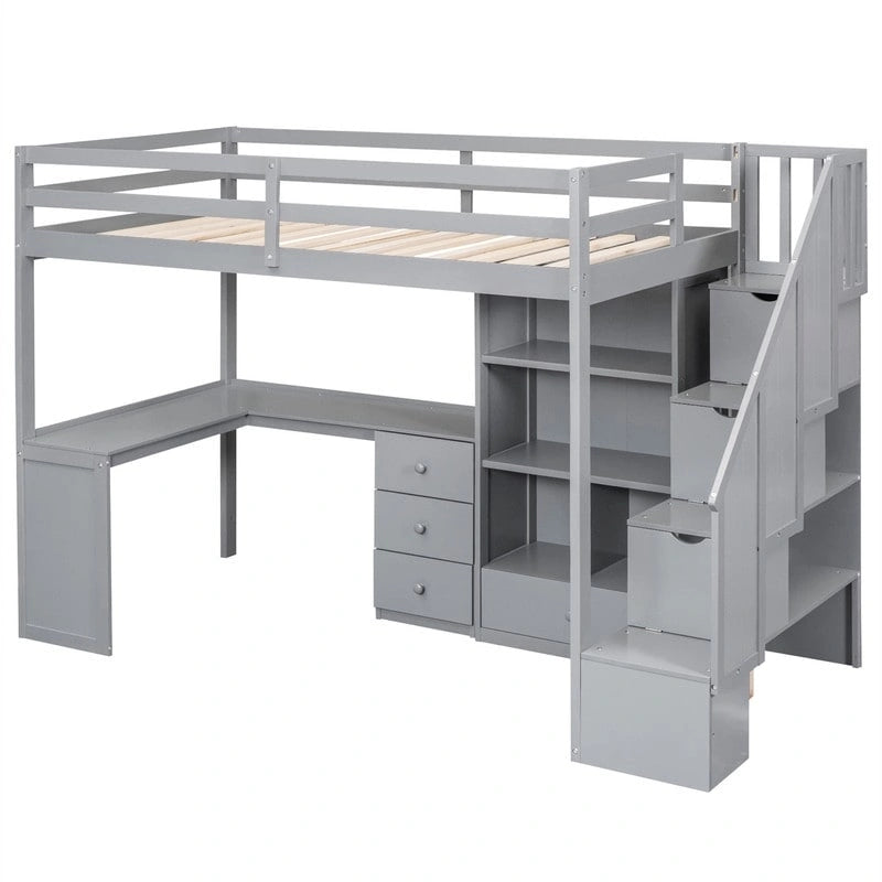Multifunctional Wood Twin Size Loft Bed with L-Shaped Desk and Storage Staircase, Loft Bed Frame with Cabinet and Drawers