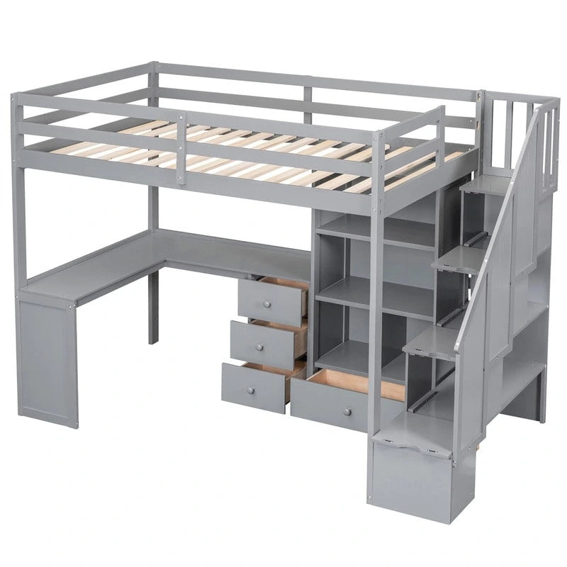 Multifunctional Wood Twin Size Loft Bed with L-Shaped Desk and Storage Staircase, Loft Bed Frame with Cabinet and Drawers