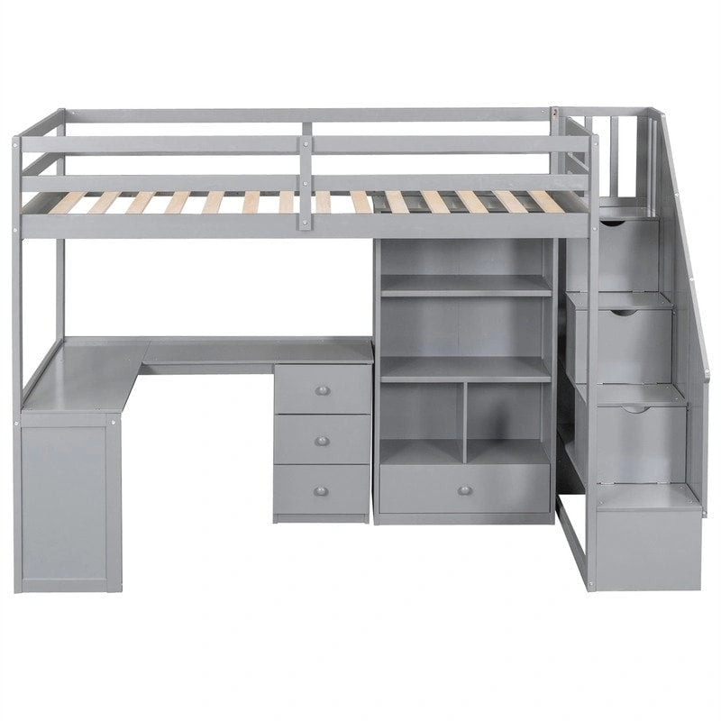 Multifunctional Wood Twin Size Loft Bed with L-Shaped Desk and Storage Staircase, Loft Bed Frame with Cabinet and Drawers