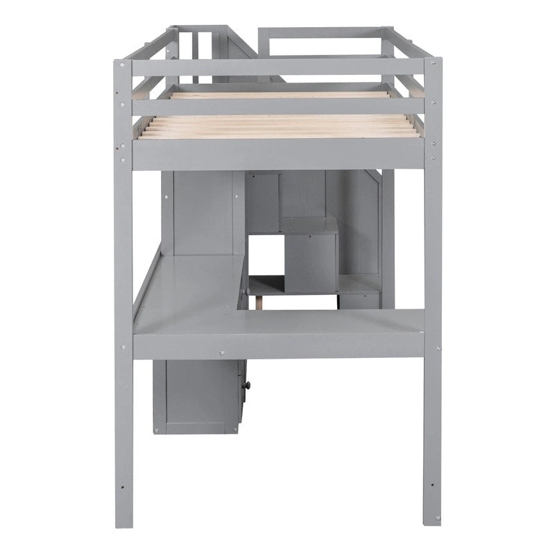 Multifunctional Wood Twin Size Loft Bed with L-Shaped Desk and Storage Staircase, Loft Bed Frame with Cabinet and Drawers