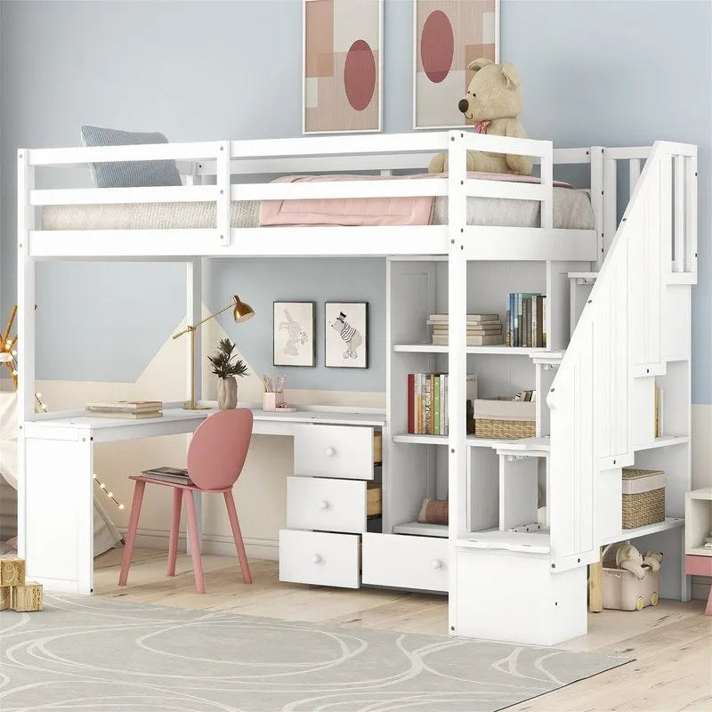 Multifunctional Wood Twin Size Loft Bed with L-Shaped Desk and Storage Staircase, Loft Bed Frame with Cabinet and Drawers