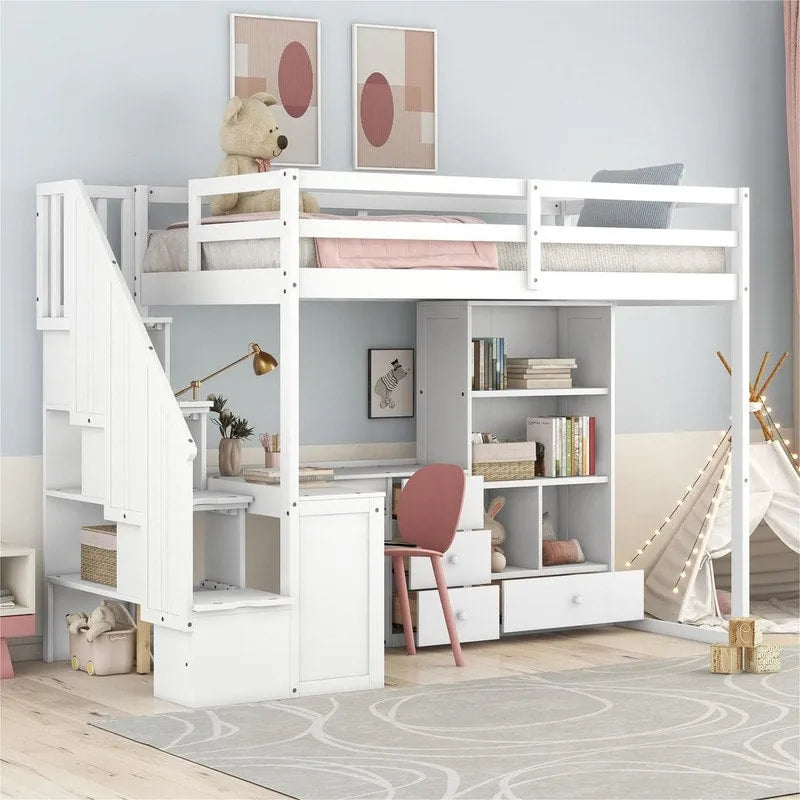 Multifunctional Wood Twin Size Loft Bed with L-Shaped Desk and Storage Staircase, Loft Bed Frame with Cabinet and Drawers