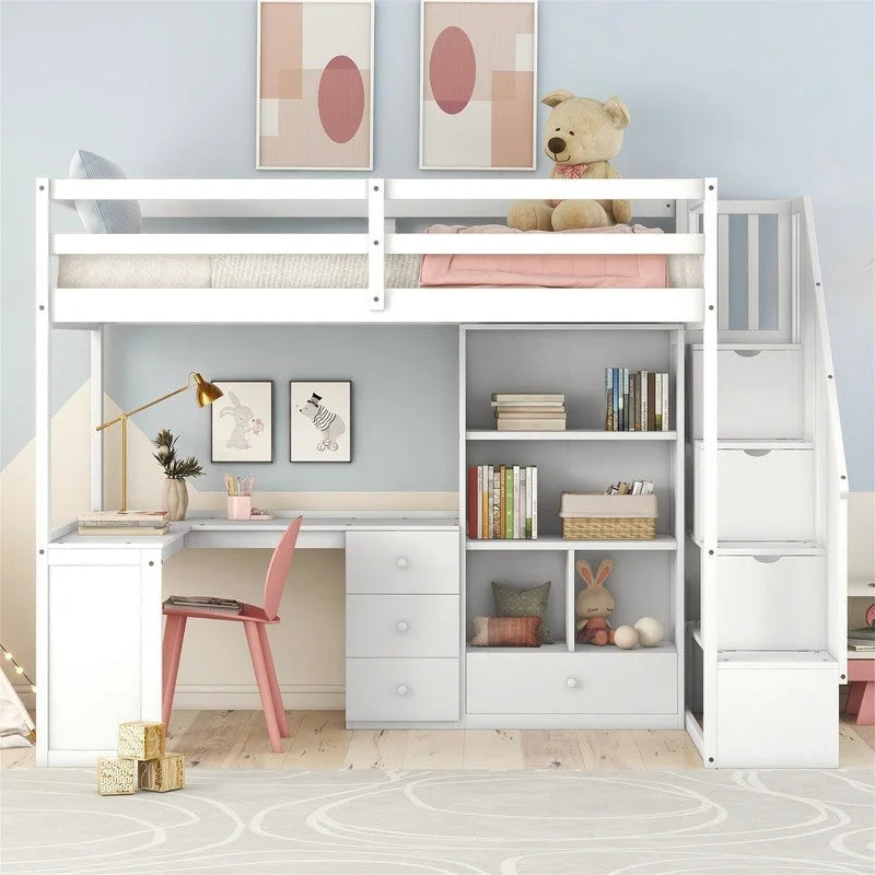 Multifunctional Wood Twin Size Loft Bed with L-Shaped Desk and Storage Staircase, Loft Bed Frame with Cabinet and Drawers