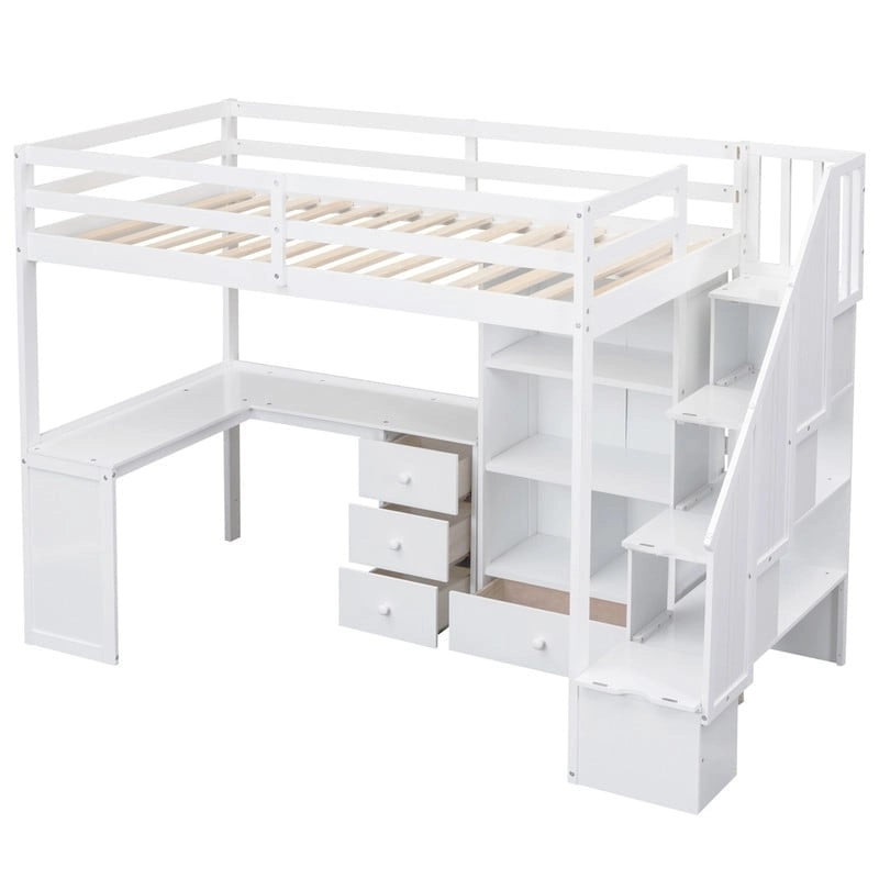 Multifunctional Wood Twin Size Loft Bed with L-Shaped Desk and Storage Staircase, Loft Bed Frame with Cabinet and Drawers