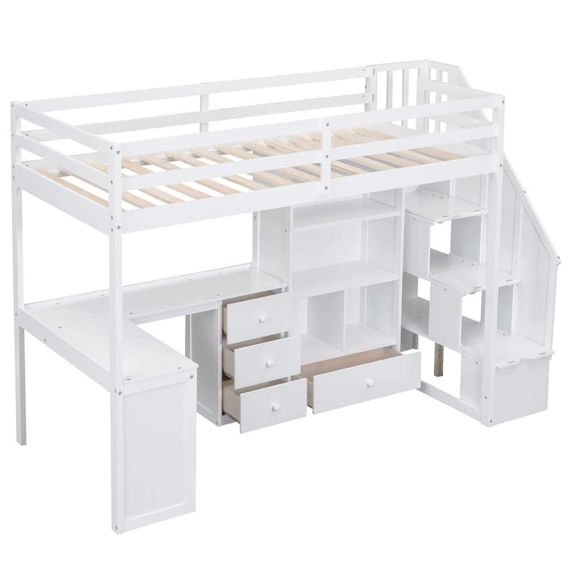 Multifunctional Wood Twin Size Loft Bed with L-Shaped Desk and Storage Staircase, Loft Bed Frame with Cabinet and Drawers