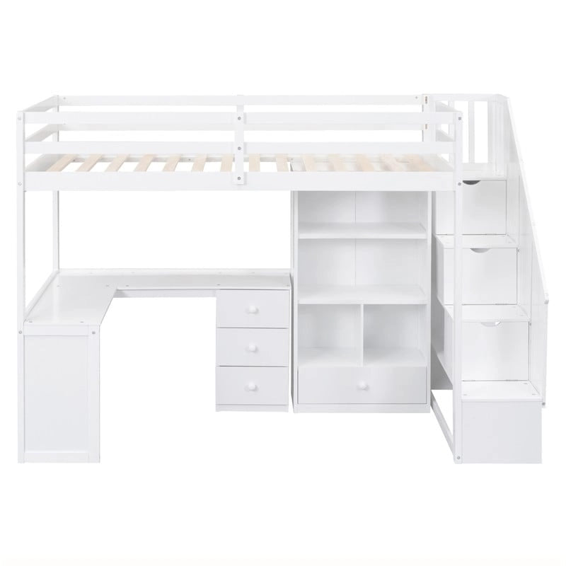 Multifunctional Wood Twin Size Loft Bed with L-Shaped Desk and Storage Staircase, Loft Bed Frame with Cabinet and Drawers