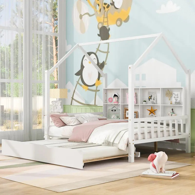 Wooden Full Size House Bed with Trundle