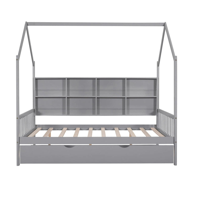 Wooden Full Size House Bed with Trundle