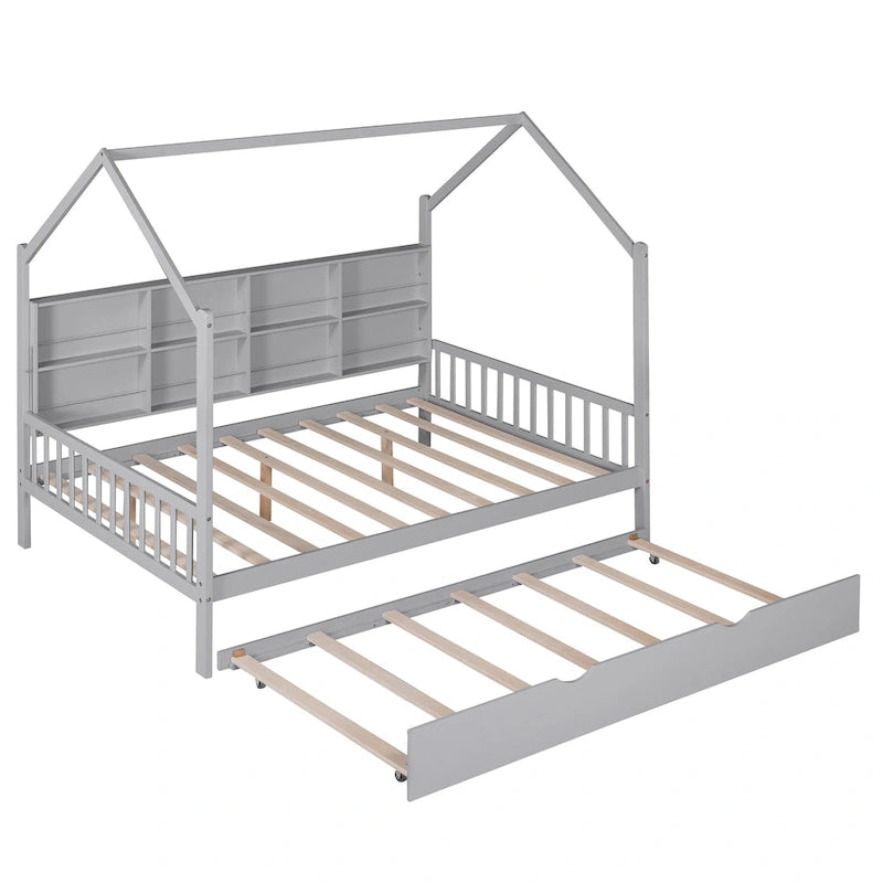 Wooden Full Size House Bed with Trundle