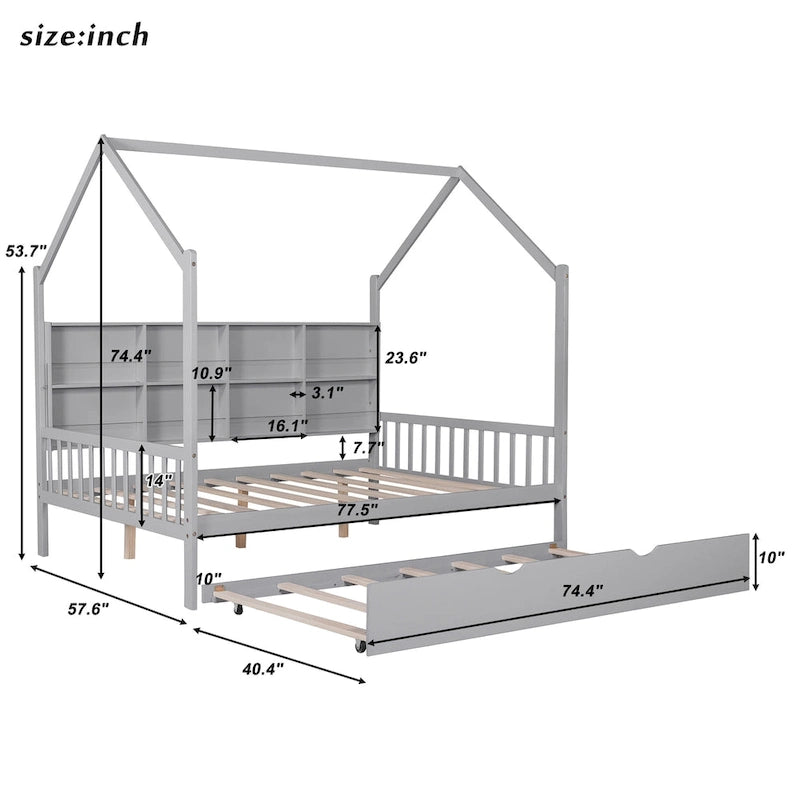 Wooden Full Size House Bed with Trundle