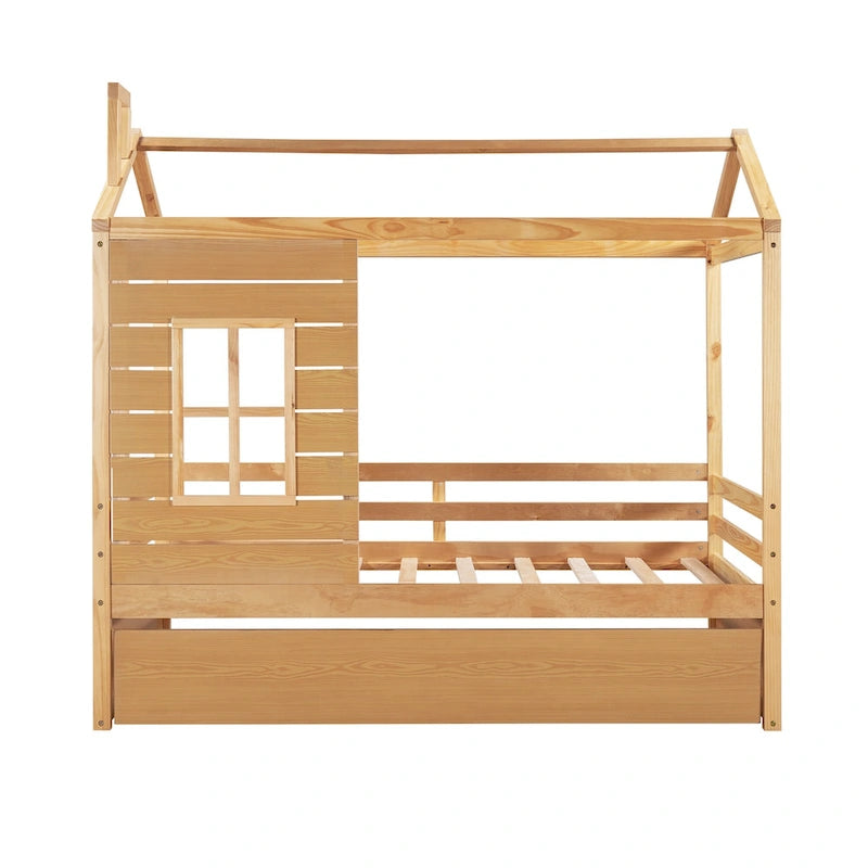 Nestfair Twin Size House Style Wood Bed with Trundle